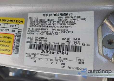 2017 Ford Fusion Hybrid Se из США, поврежденный, VIN 3FA6P0LU6HR254673
